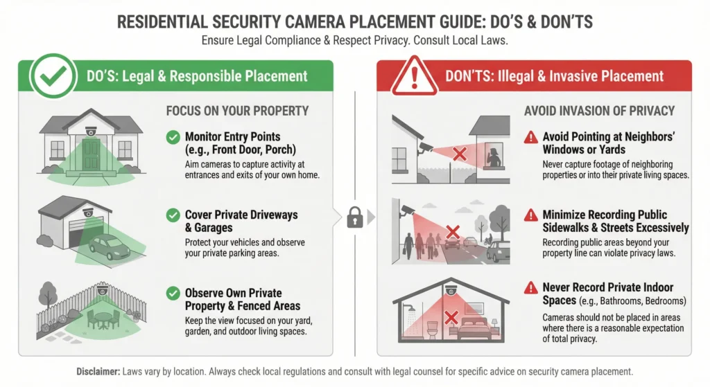 Infographic showing do's and don'ts of legal camera placement in residential areas