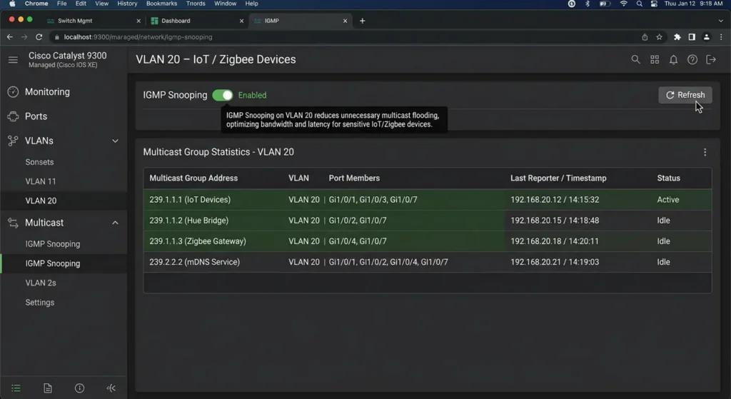 Managed switch IGMP snooping configuration enabled on IoT VLAN 20 showing active multicast groups
