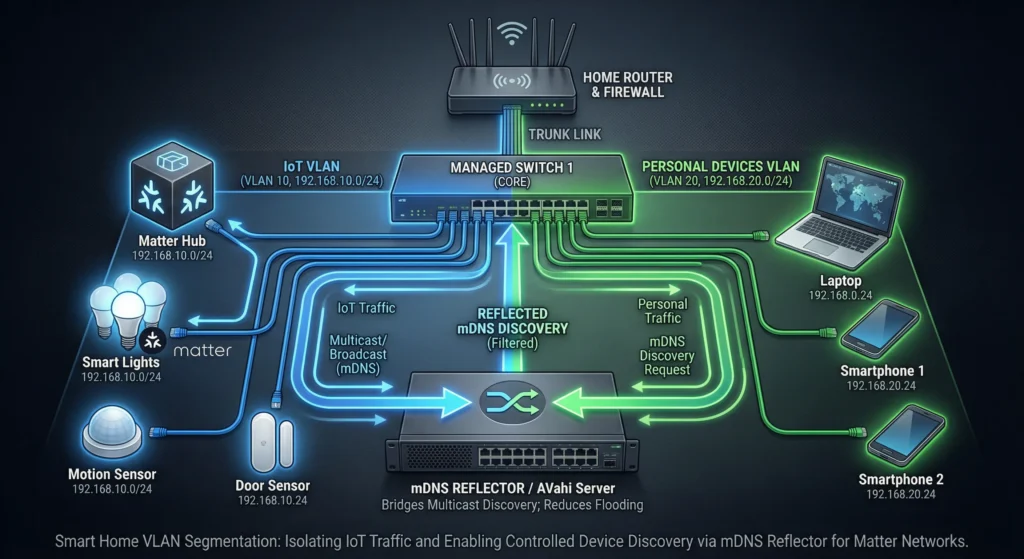 Network diagram showing VLAN segmentation with IoT VLAN separated from personal devices VLAN with mDNS reflector bridging Matter device discovery