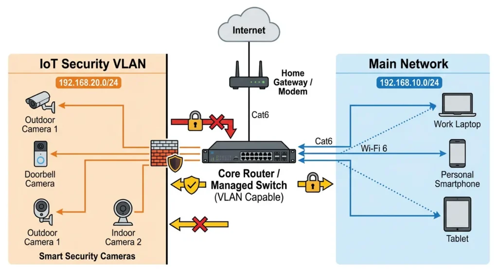 Network diagram showing dedicated IoT VLAN configuration for smart cameras on a Wi‑Fi 6E network
