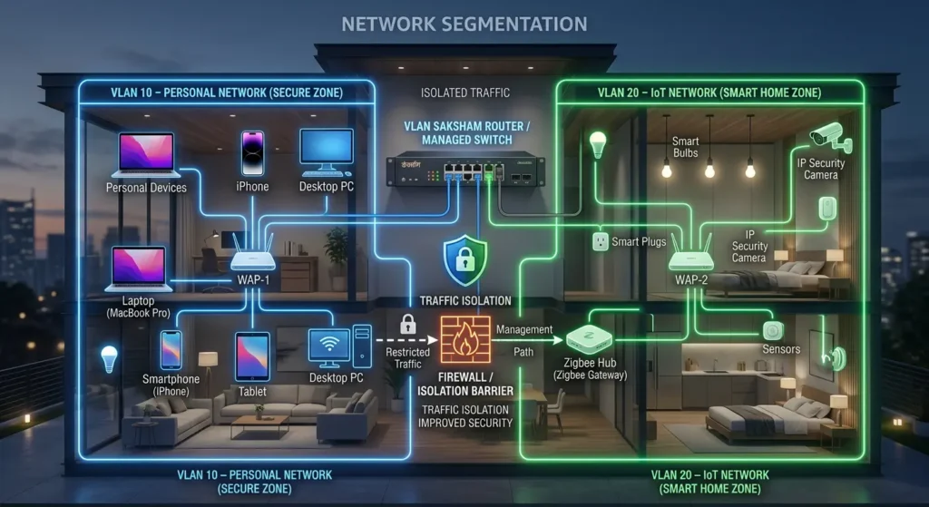 Network diagram showing proper smart home network segmentation with separate WPA3 and WPA2 VLANs for personal devices and IoT Zigbee hubs
