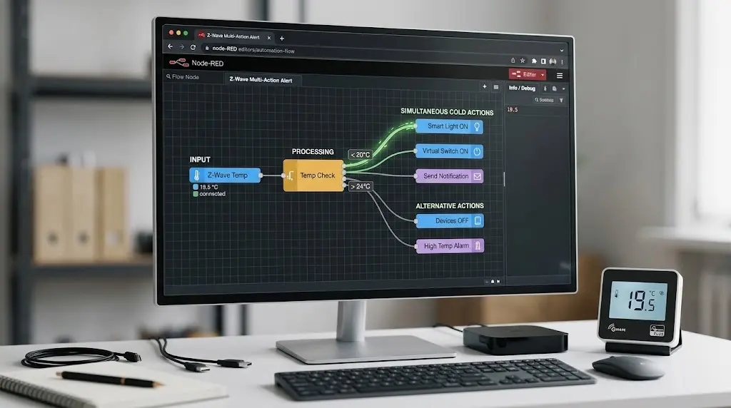 Node-RED flow showing Z-Wave thermostat temperature reading triggering multiple smart home actions