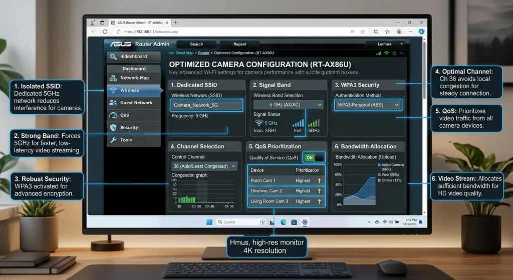 Optimal Wi‑Fi 6E router settings for smart cameras showing channel width, security, and band steering configurations