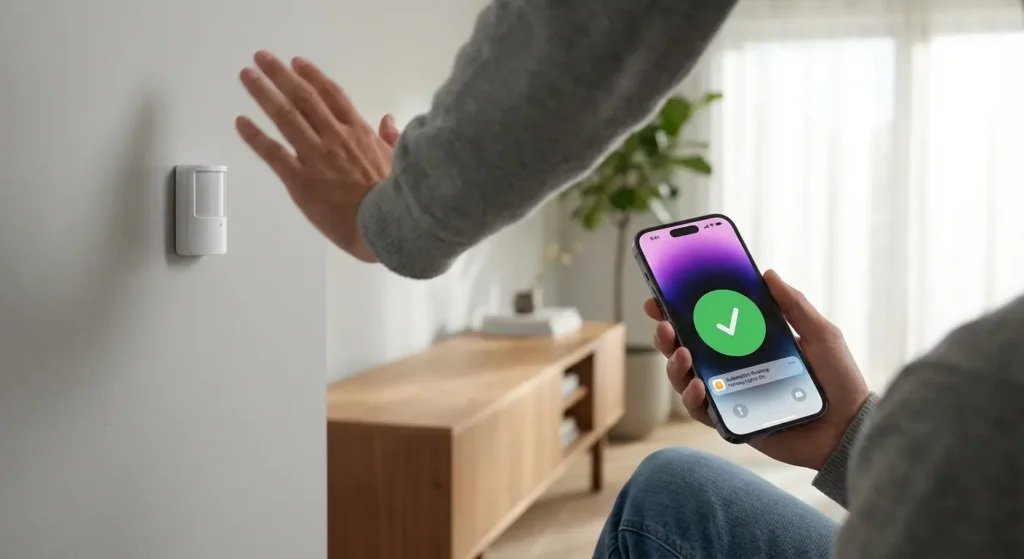  Person testing motion sensor with smartphone showing successful automation trigger
