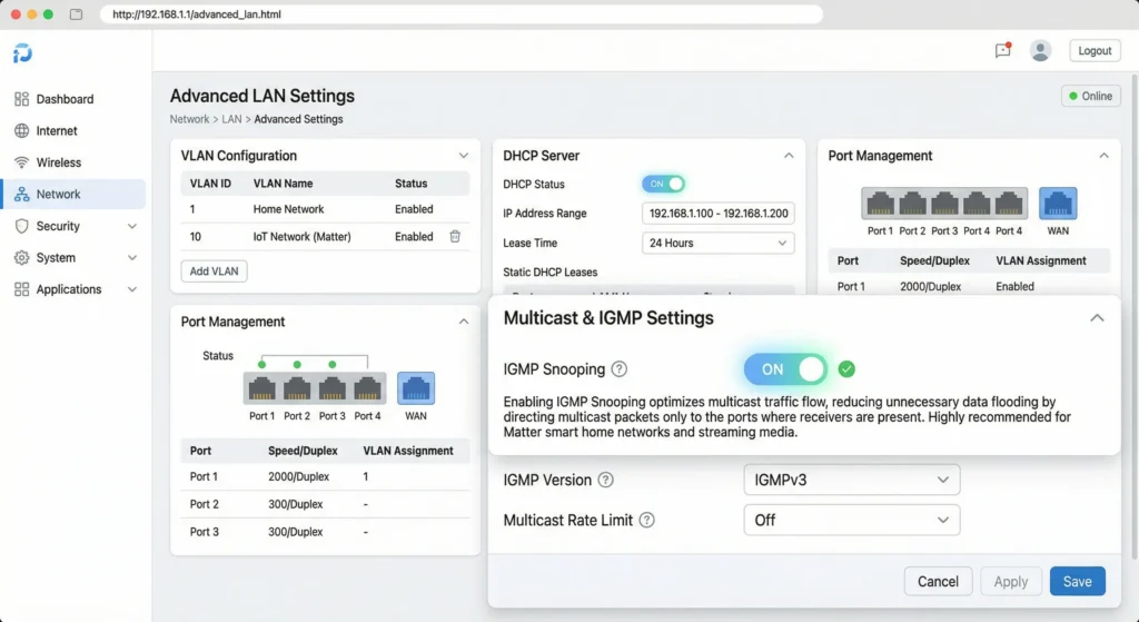 Router admin panel screenshot showing IGMP Snooping enabled under advanced LAN settings for reducing multicast flooding