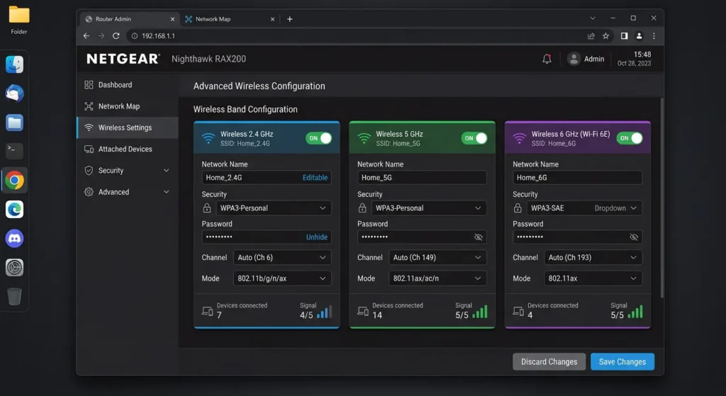 Router admin panel showing how to create separate SSIDs for 2.4 GHz, 5 GHz, and 6 GHz bands to fix camera buffering