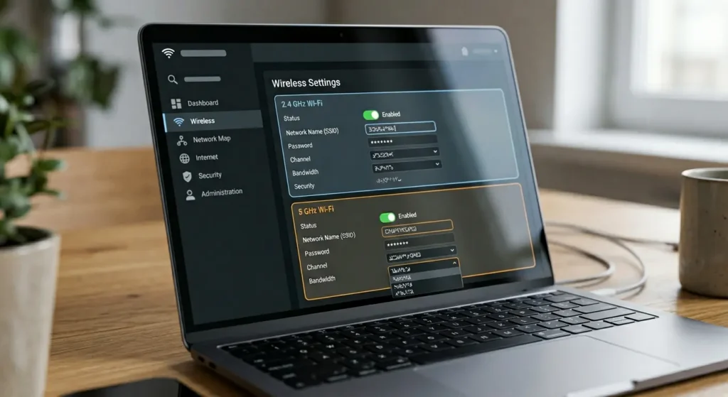 Router admin panel showing separated 2.4 GHz and 5 GHz Wi-Fi band settings for smart plug optimization