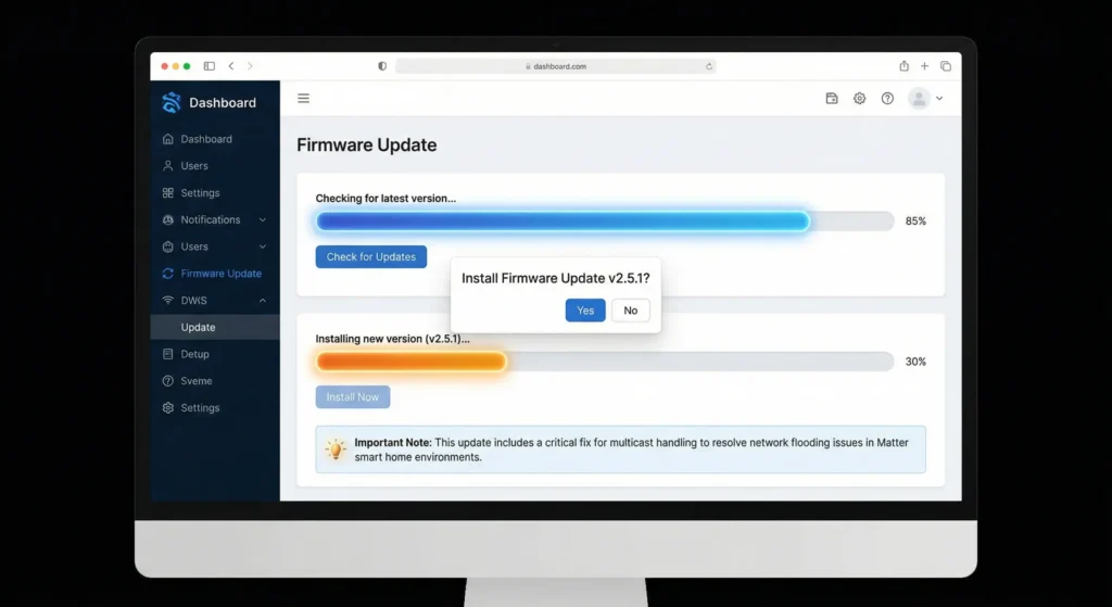 Router firmware update page showing the process of checking and installing the latest firmware version to fix multicast handling bugs