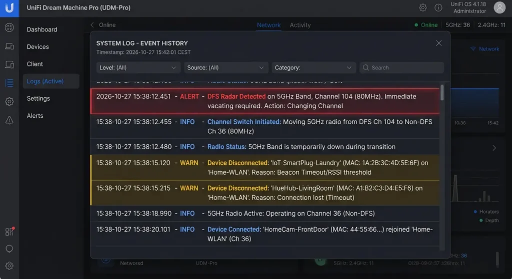 Router system log showing DFS radar detection events causing channel switches and IoT device disconnections