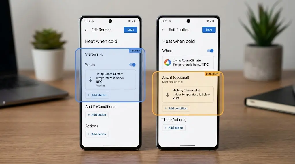 Screenshot comparison of Google Home routine setup showing starter triggers versus conditions for temperature-based automation