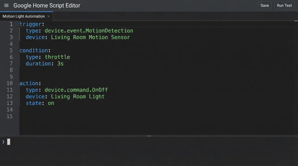 Screenshot example of a Google Home Script Editor automation with motion sensor trigger and throttle condition