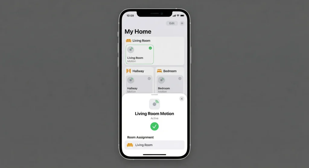 Screenshot of Home app showing correct room assignment for motion sensors