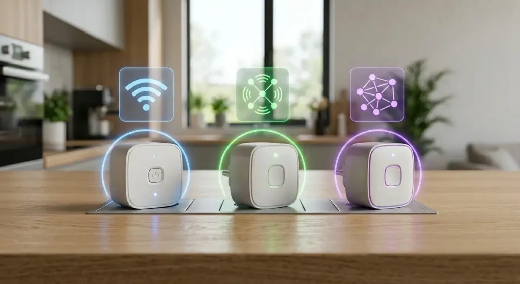 Side by side comparison of Wi-Fi Zigbee and Z-Wave smart plugs for reliable smart home connectivity