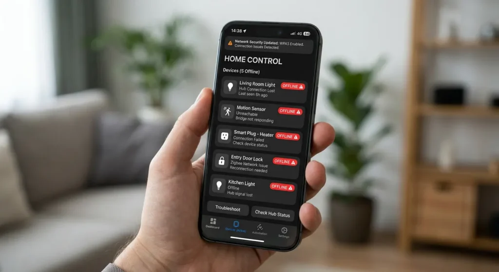 Smart home app screenshot showing multiple Zigbee devices offline due to WPA3 compatibility issue with older Zigbee hub