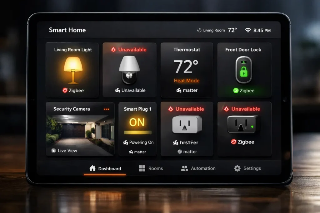 Smart home dashboard displaying mixed Zigbee and Matter lighting devices with intermittent connectivity issues