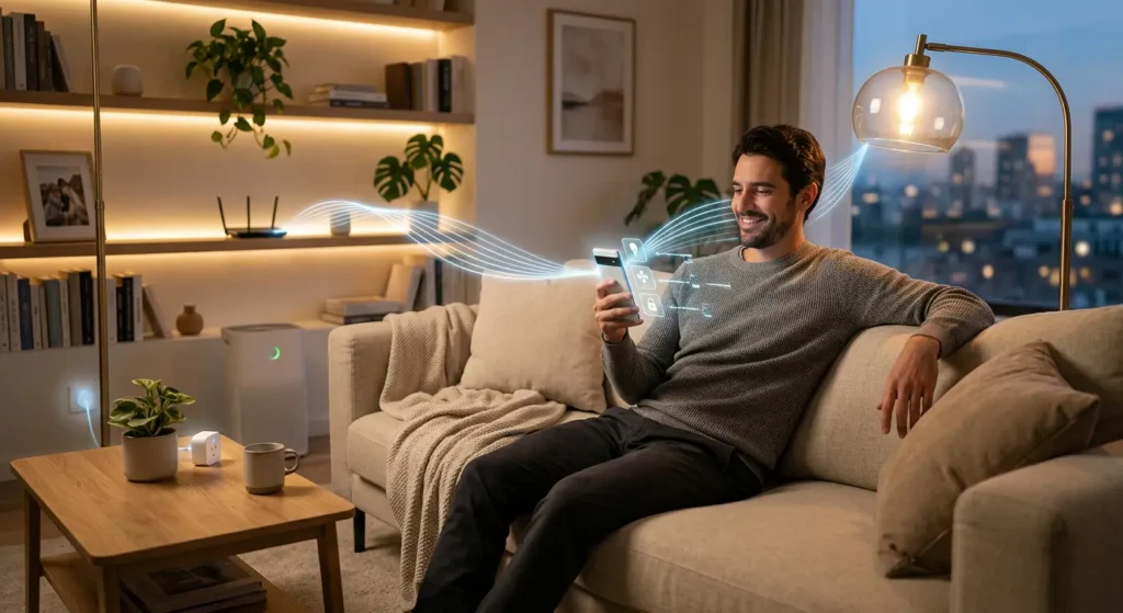 Smart home user successfully controlling smart plugs without disconnection during 4K streaming