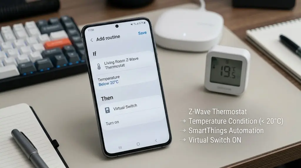 SmartThings app showing automation setup with Z-Wave thermostat temperature condition and virtual switch action