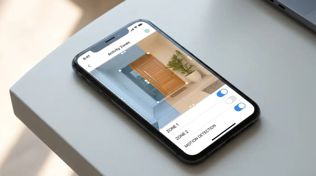 Smartphone app showing activity zone configuration for smart security camera