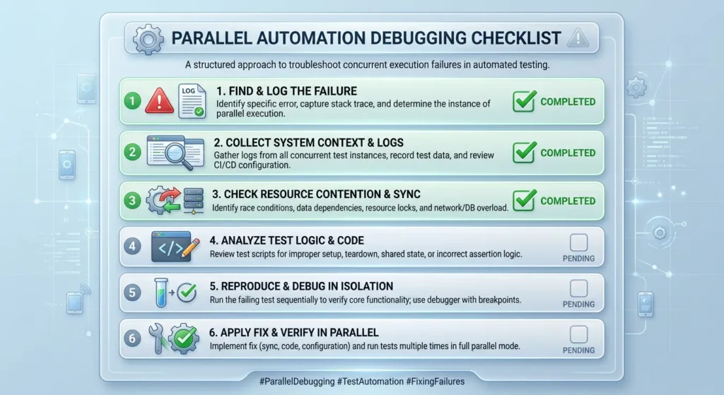 Step-by-step debugging checklist for fixing automation parallel mode execution failures with checkmarks for each completed step