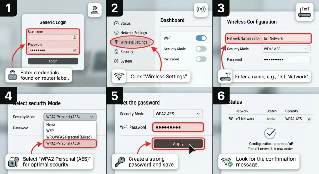 Step by step guide showing router admin panel settings to create a separate WPA2 IoT network for older Zigbee hubs
