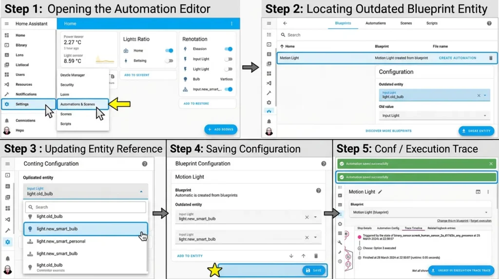 Step-by-step guide to updating entity ID references in Home Assistant blueprint automation settings