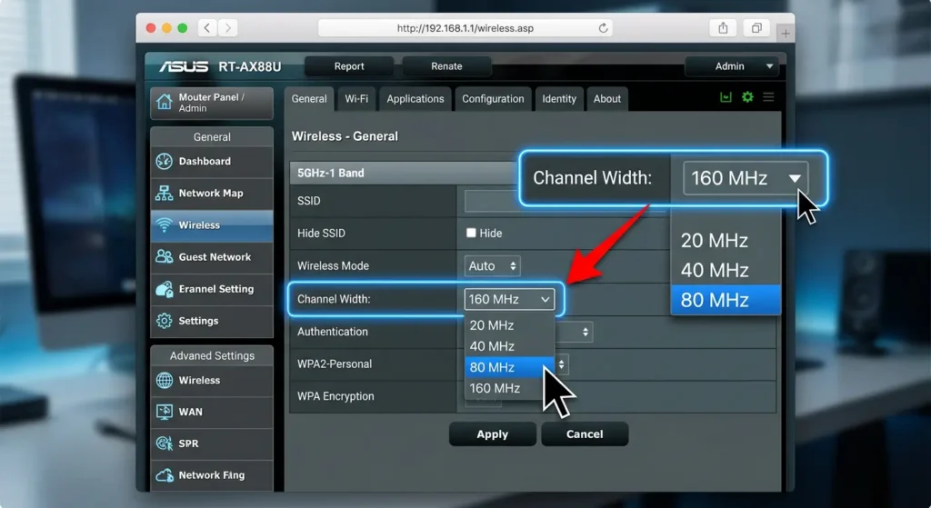 Step by step screenshot guide showing how to change Wi-Fi channel width from 160MHz to 80MHz in router settings