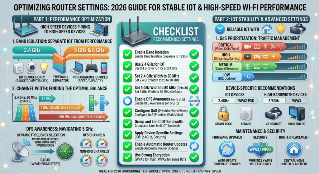 Summary checklist of optimal Wi-Fi router settings for IoT stability including channel width band separation and DFS avoidance