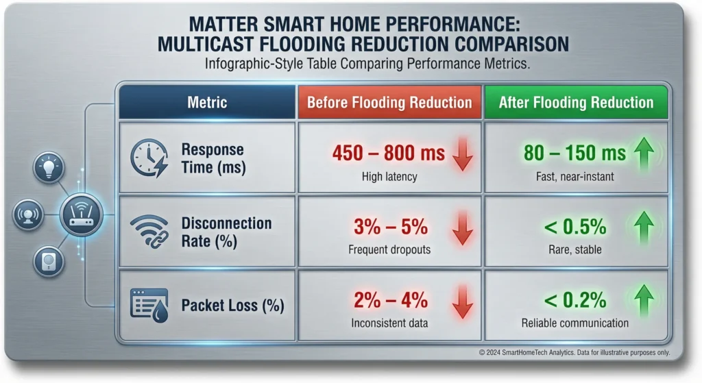 Table comparing Matter device performance metrics before and after multicast flooding reduction showing response time and disconnection improvements