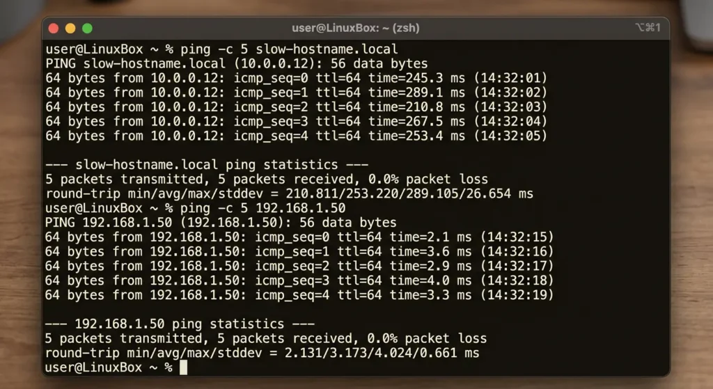 Terminal output comparing DNS resolution times for MQTT broker hostname versus direct IP address connection