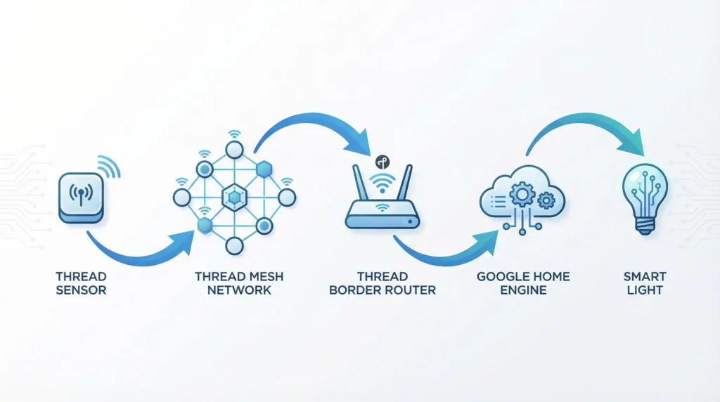 Thread signal path — Sensor → Thread Mesh → Border Router → Google Home Engine → Smart Light