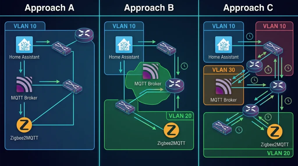 Three VLAN architecture approaches for Home Assistant and Zigbee2MQTT deployment comparison