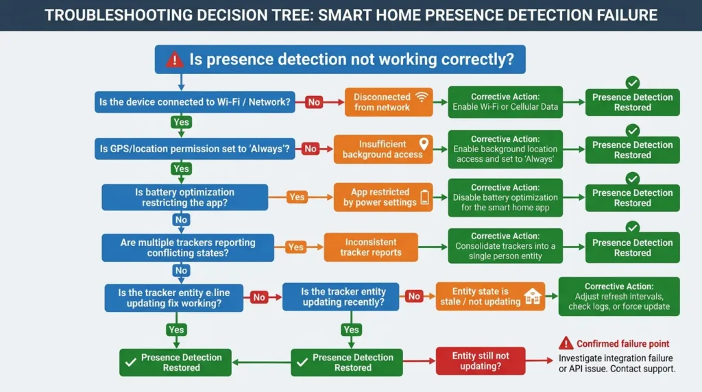 Troubleshooting decision tree for diagnosing presence detection failures with multiple smartphone trackers in smart home systems