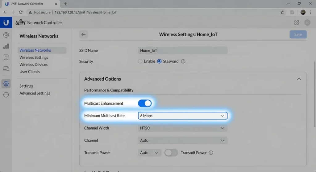UniFi wireless settings panel showing Multicast Enhancement enabled and minimum multicast rate configured for optimal Matter device performance