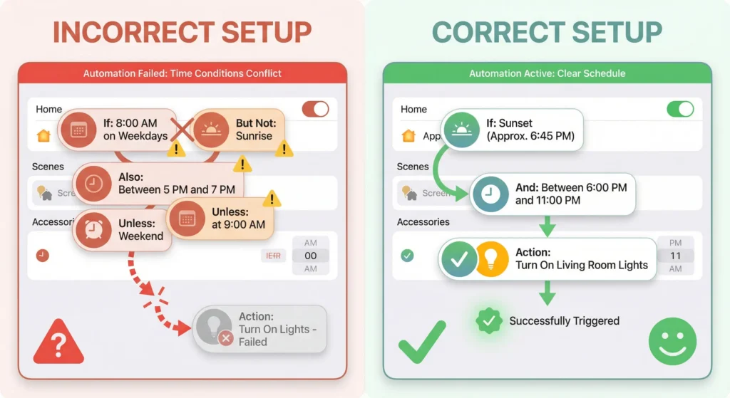 Visual comparison of correct vs incorrect time condition setups in HomeKit