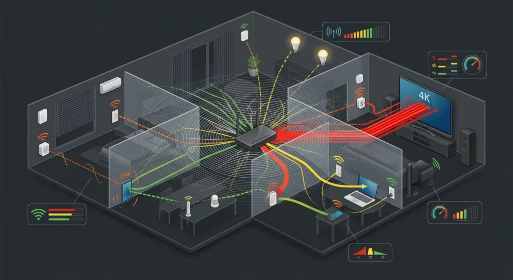 Wi-Fi 2.4 GHz band congestion diagram showing smart plugs competing with 4K streaming devices