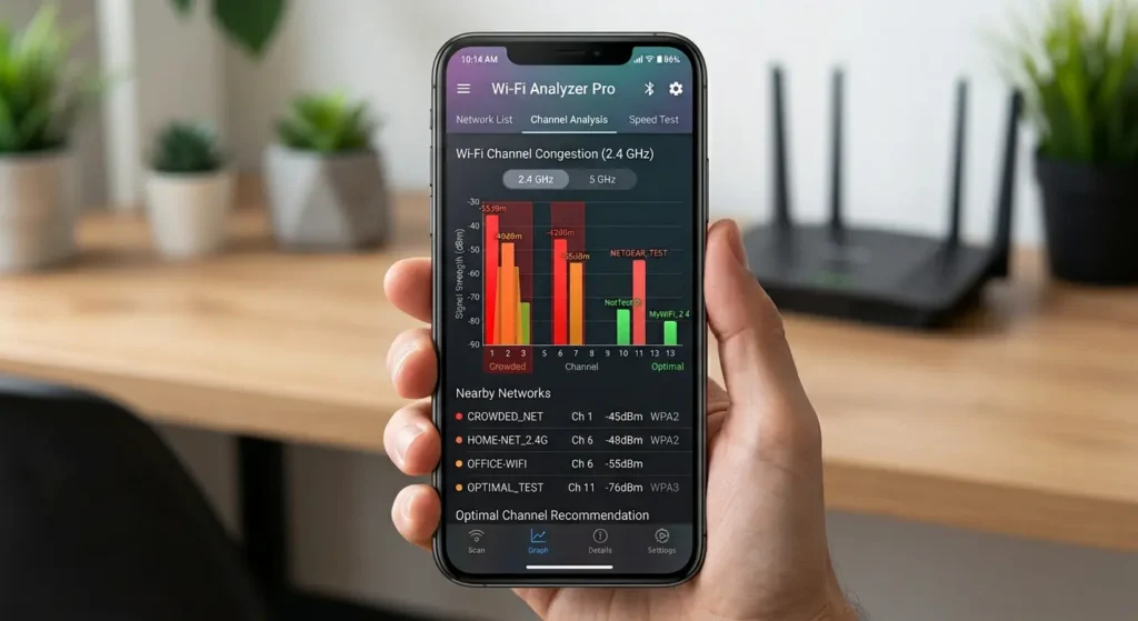 Wi-Fi analyzer app displaying 2.4 GHz channel congestion levels to help select the best channel for IoT devices on ASUS router