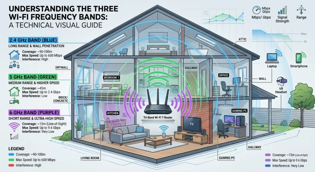 Wi‑Fi 6E frequency bands comparison showing 2.4 GHz, 5 GHz, and 6 GHz range and speed differences
