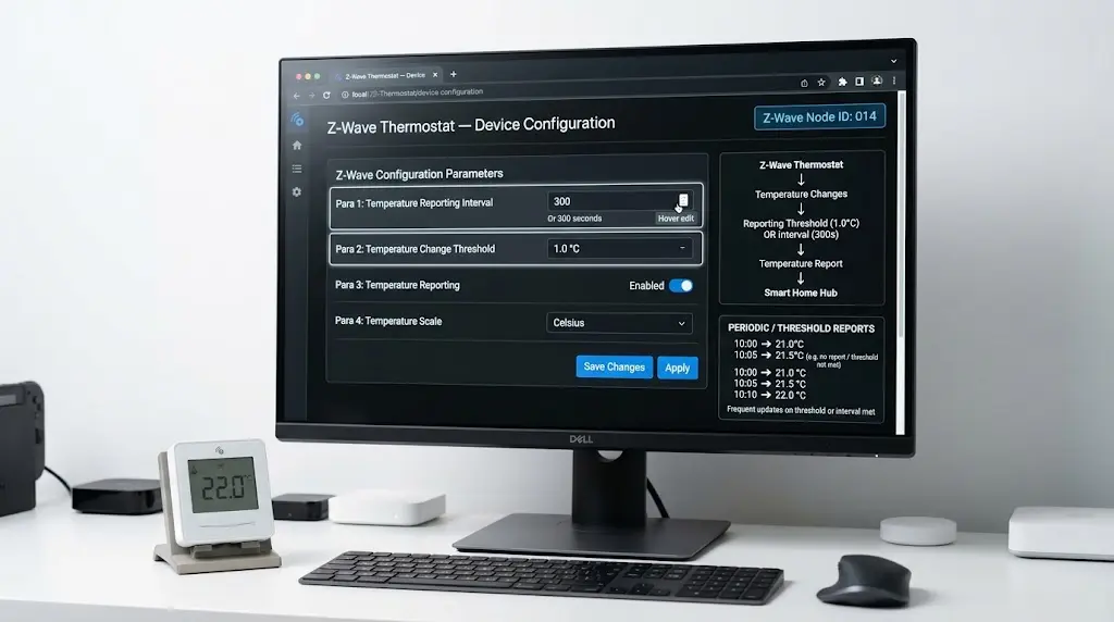 Z-Wave thermostat configuration parameters screen showing reporting interval and temperature threshold settings