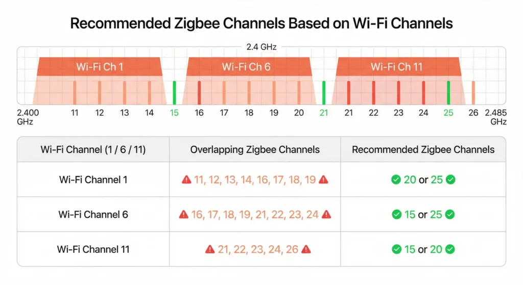 Zigbee channel choices for different Wi‑Fi channels