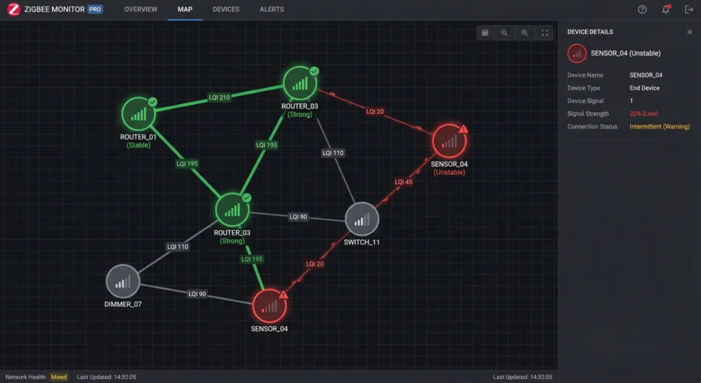 a Zigbee network visualization with problematic devices highlighted in red and good routers in green