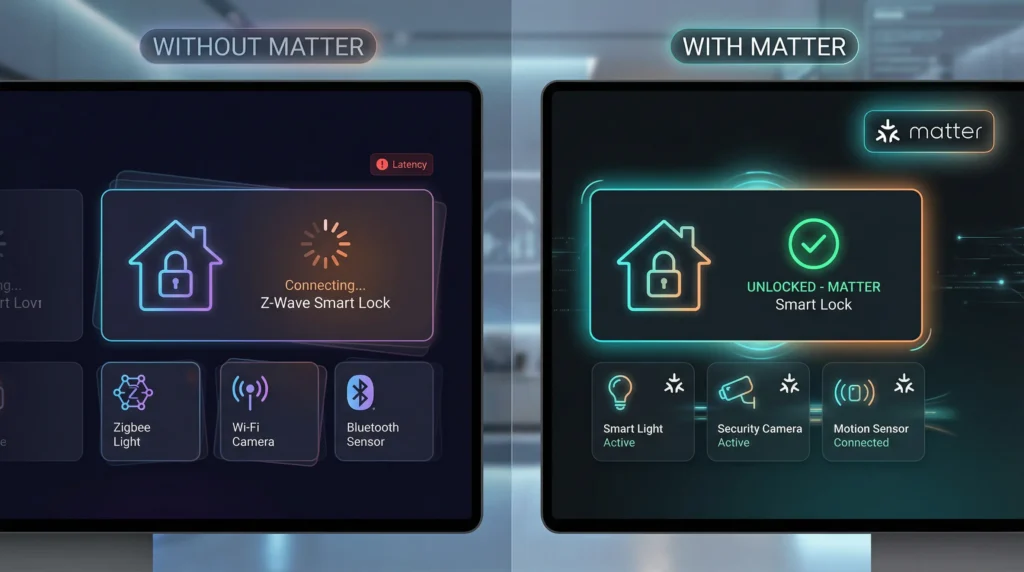 comparison showing a smart home dashboard one with Matter enabled and one without highlighting response time differences on a Z Wave lock device