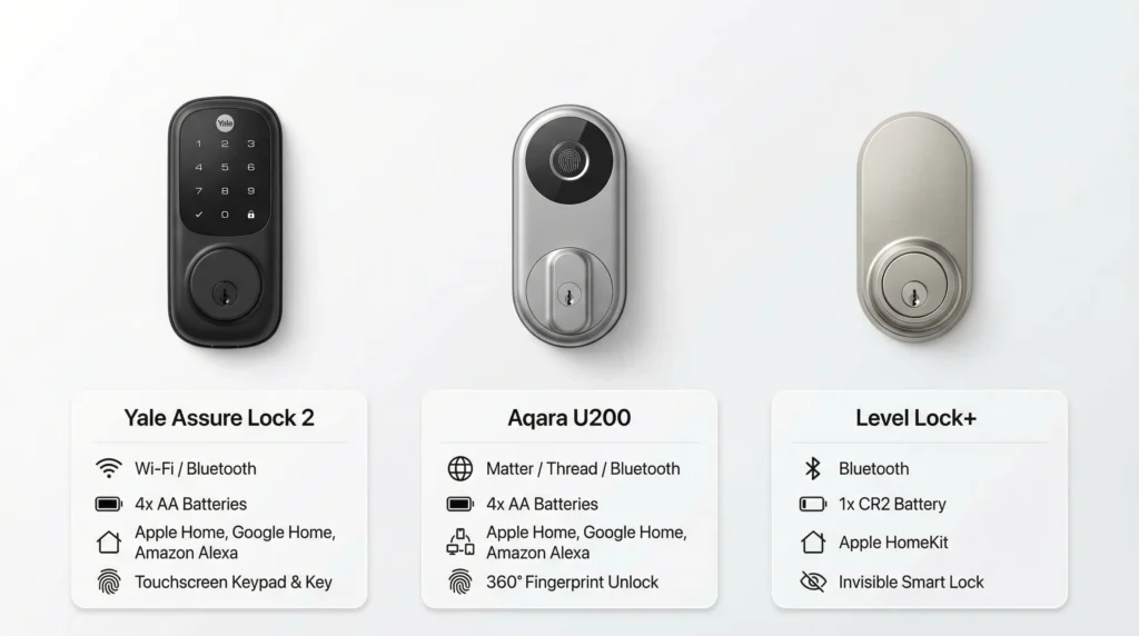 he Yale Assure Lock 2, Aqara U200, and Level Lock+ side by side, with key specs listed below each