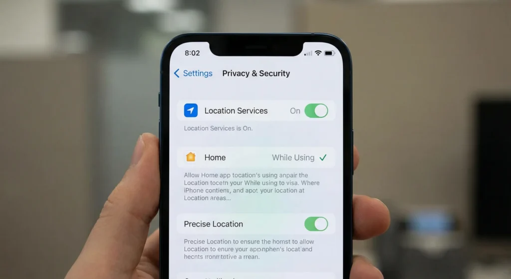 iPhone settings screen showing correct Location Services and Home configuration