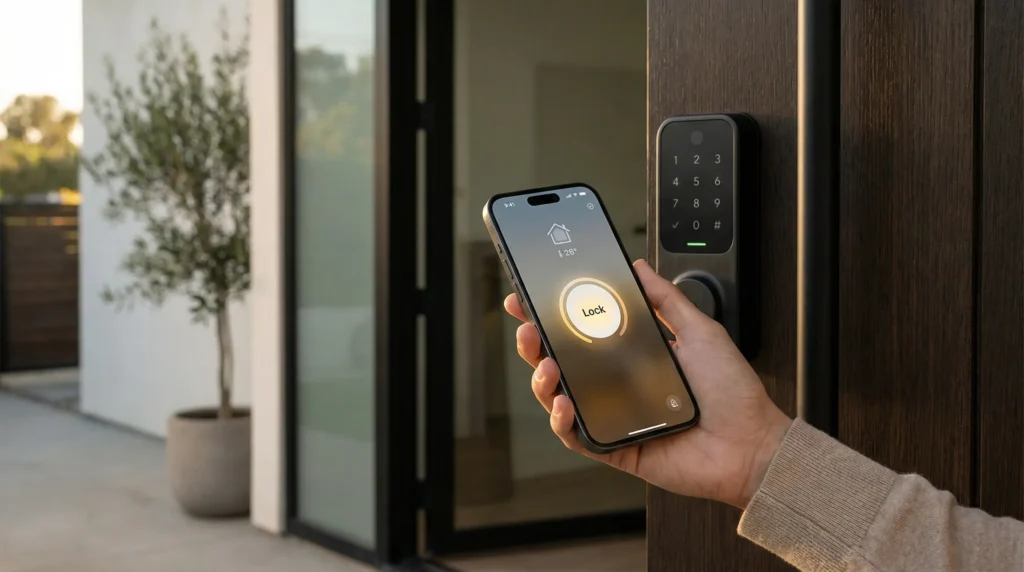 iPhone with the Apple Home app showing a Lock control