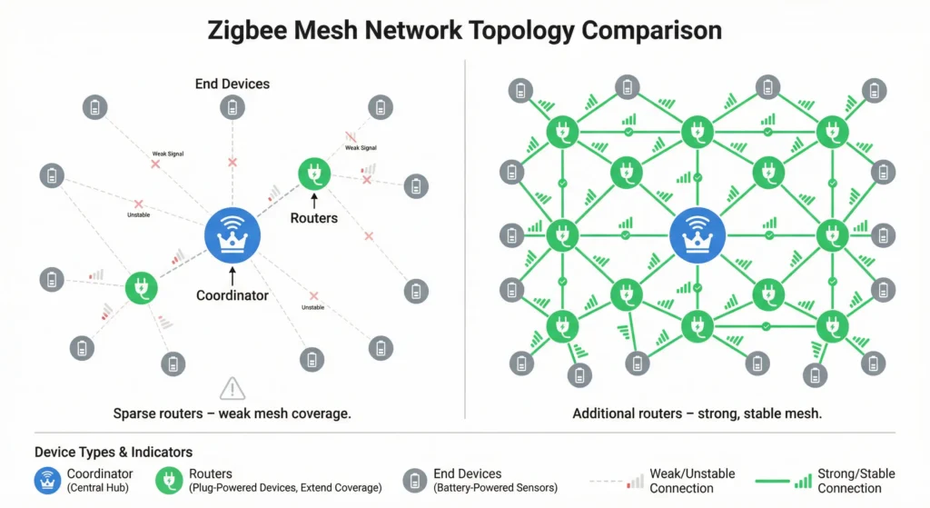 one diagram with sparse routers and weak links, another with added routers and strong links