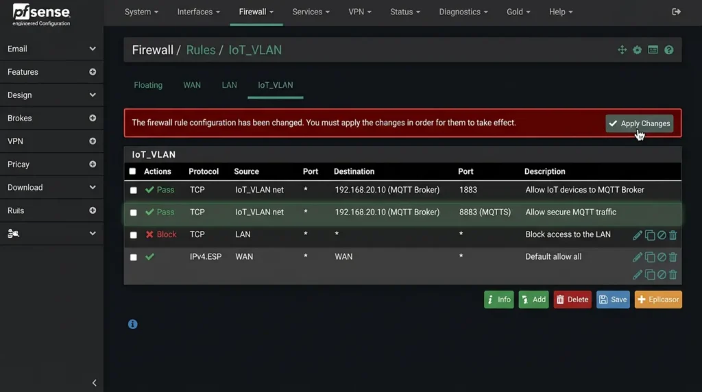 pfSense firewall rules configuration showing MQTT allow rules prioritized on IoT VLAN interface