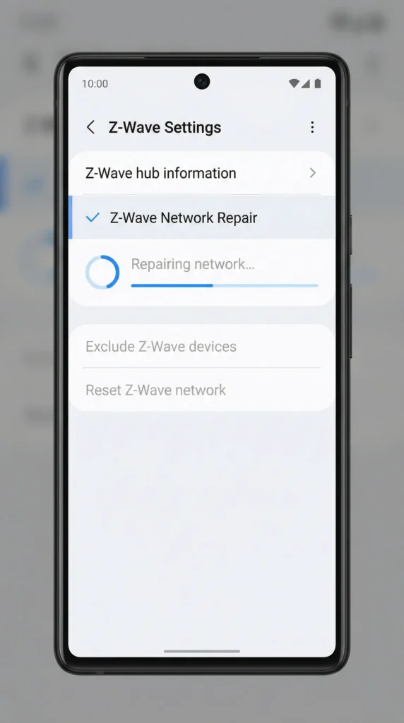 the SmartThings app showing the Z‑Wave Network Repair option, with the progress indicator visible
