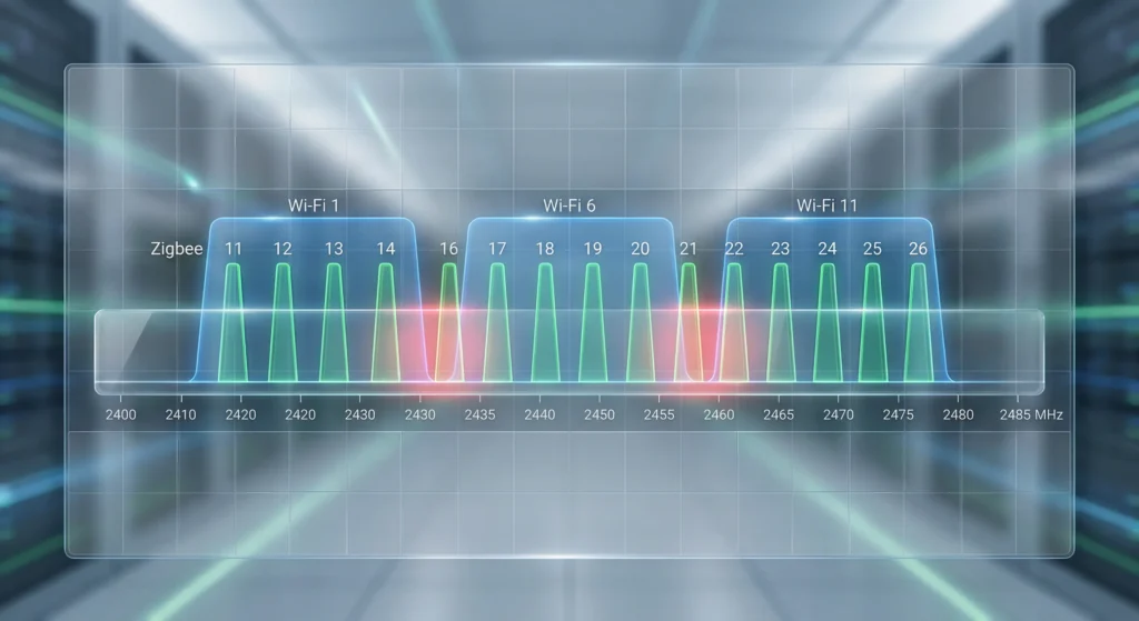 2.4 GHz spectrum overlap chart showing how Zigbee channels conflict with Wi-Fi channels causing signal interference