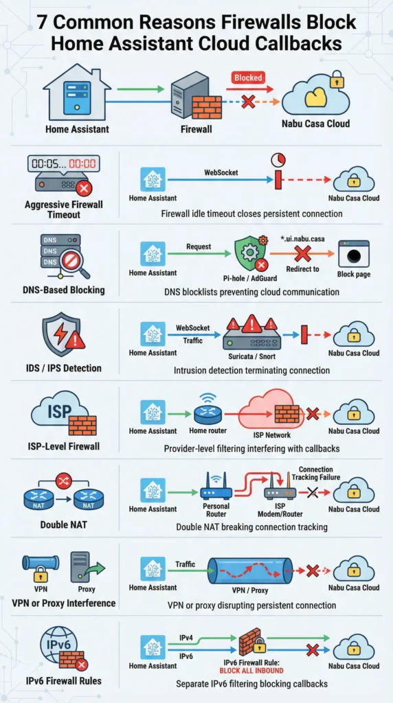 Infographic showing seven common reasons firewalls block Home Assistant cloud callbacks