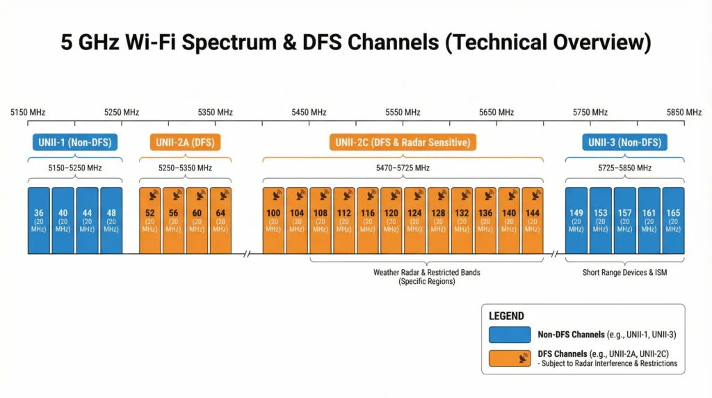 5 GHz Wi-Fi spectrum chart showing DFS channels highlighted in red and non DFS channels in green